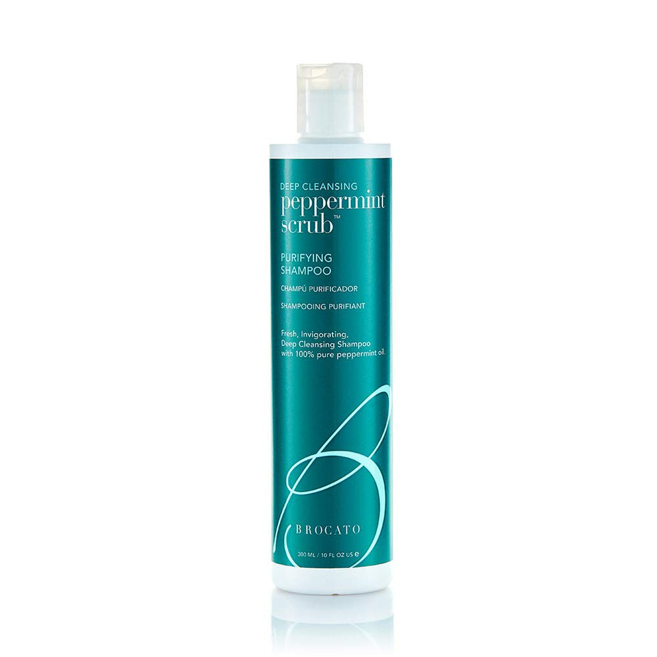 Brocato Peppermint Scrub Purifying Shampoo bottle closeup for deep cleansing