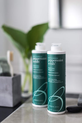 32oz packaging of Brocato Peppermint Scrub Purifying Shampoo on display