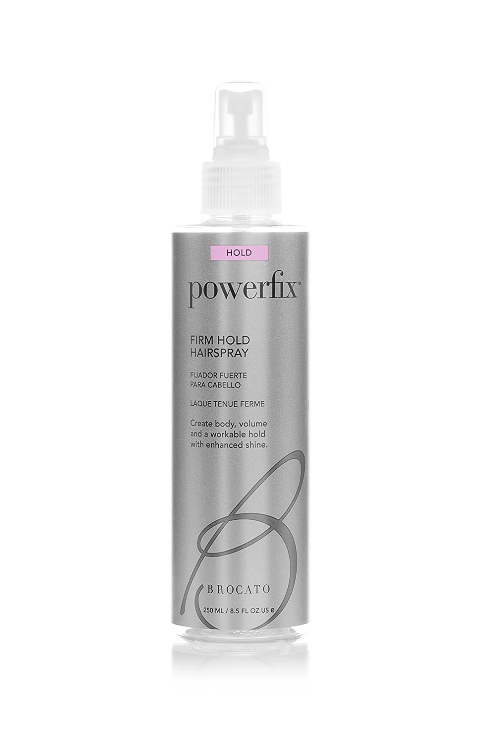 Brocato Powerfix firm hold hairspray bottle showing firm hold and touchable texture