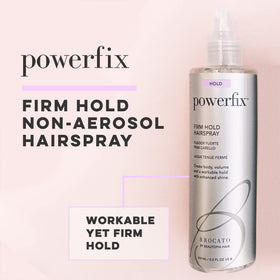 Brocato Powerfix hairspray spray dispense demonstrating quick hold without stiffness