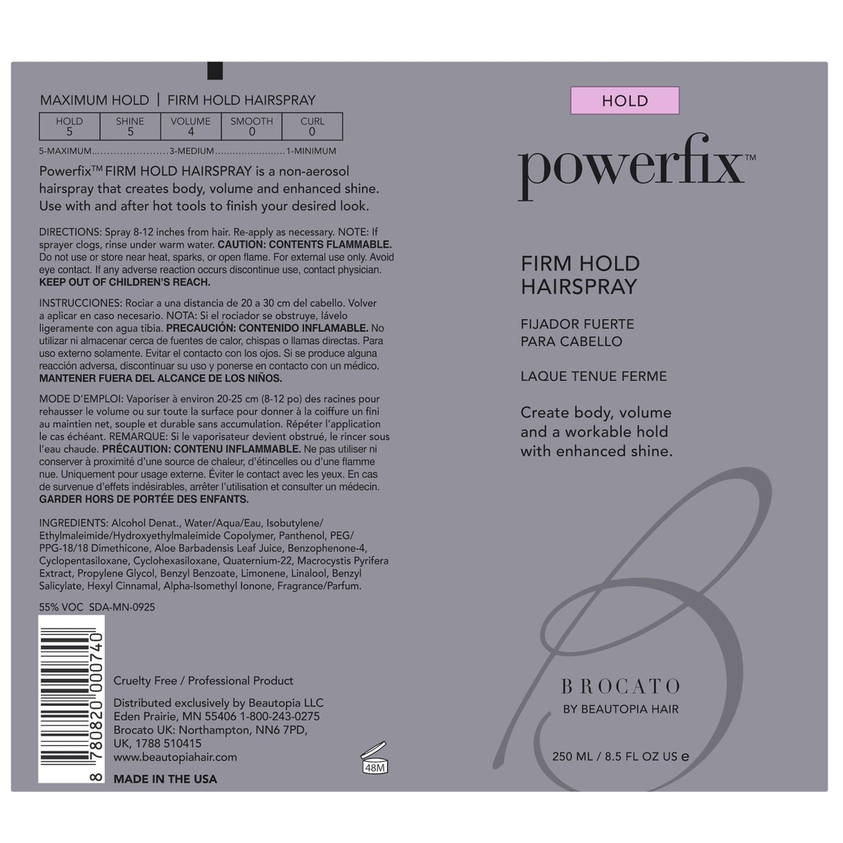 Brocato Powerfix low VOC salon quality hairspray for professional results at home