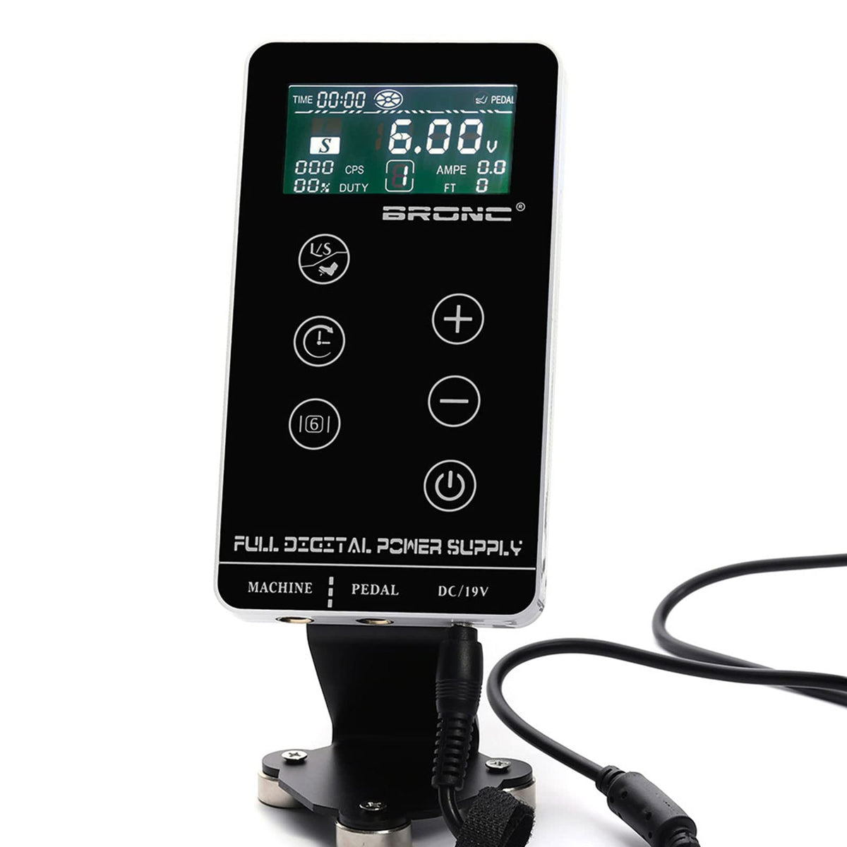 BRONC tattoo power supply front panel with precise controls for quick setup.