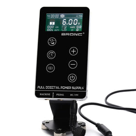 BRONC tattoo power supply front panel with precise controls for quick setup.