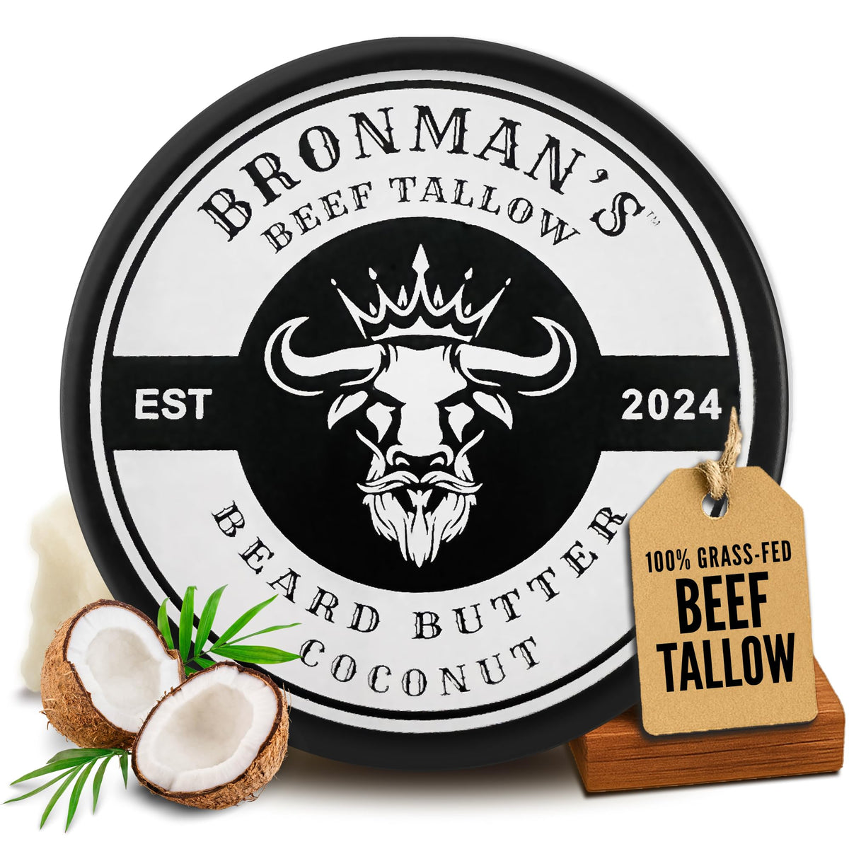 Bronmans Beef Tallow Beard Butter jar closeup showing natural hydration for beard and skin