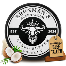 Bronmans Beef Tallow Beard Butter jar closeup showing natural hydration for beard and skin