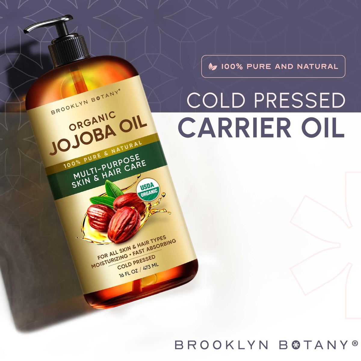 Brooklyn Botany Jojoba Oil amber glass bottle showing hexane-free purity.