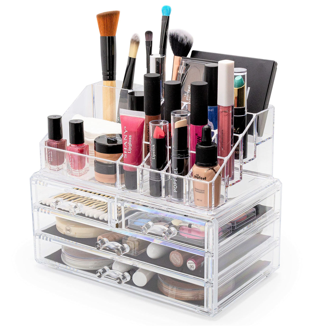Brookstone countertop display case suits makeup and accessories on a vanity