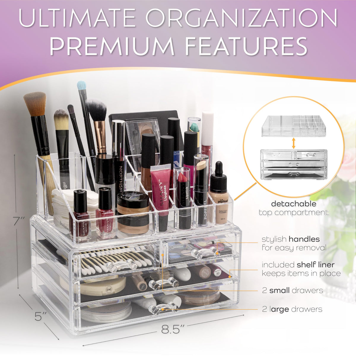 Brookstone durable acrylic construction highlighting long-lasting vanity organizer