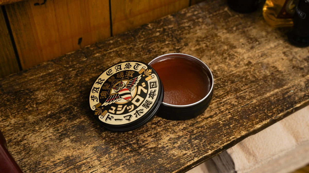 BROSH Far East Hard Pomade on a bathroom shelf.