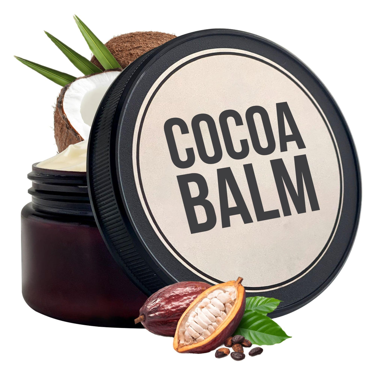 Brothers Body Balm jar close-up shows rich cocoa and shea butter texture for dry skin