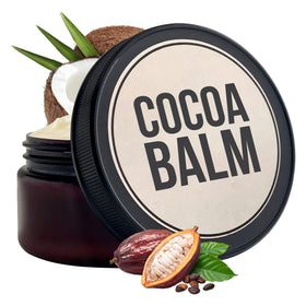 Brothers Body Balm jar close-up shows rich cocoa and shea butter texture for dry skin