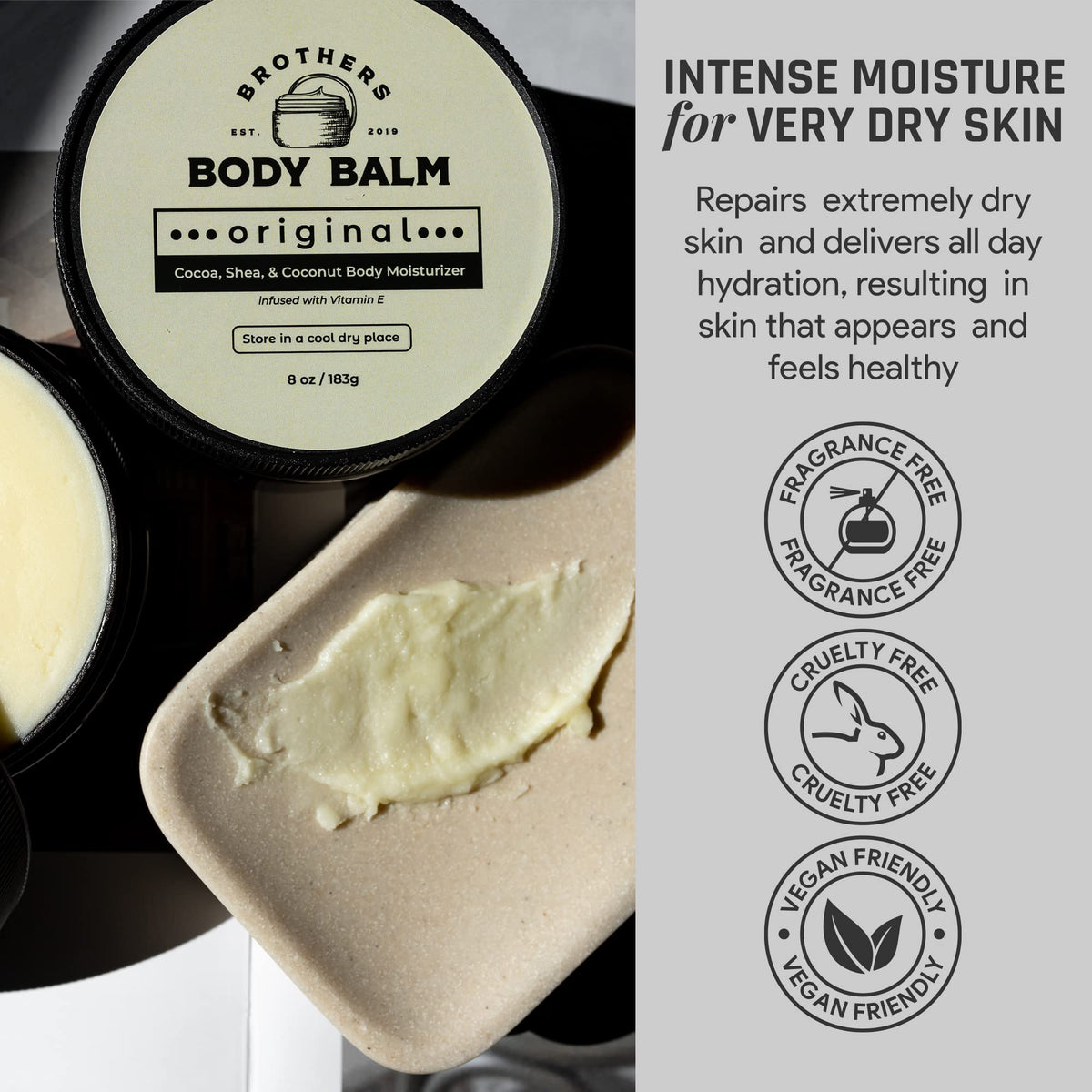 Brothers Body Balm tin beside natural ingredients emphasizes unscented, natural formula