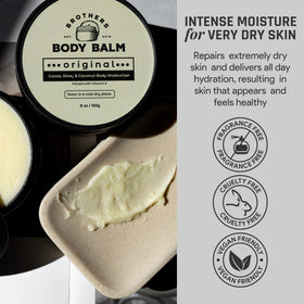 Brothers Body Balm tin beside natural ingredients emphasizes unscented, natural formula