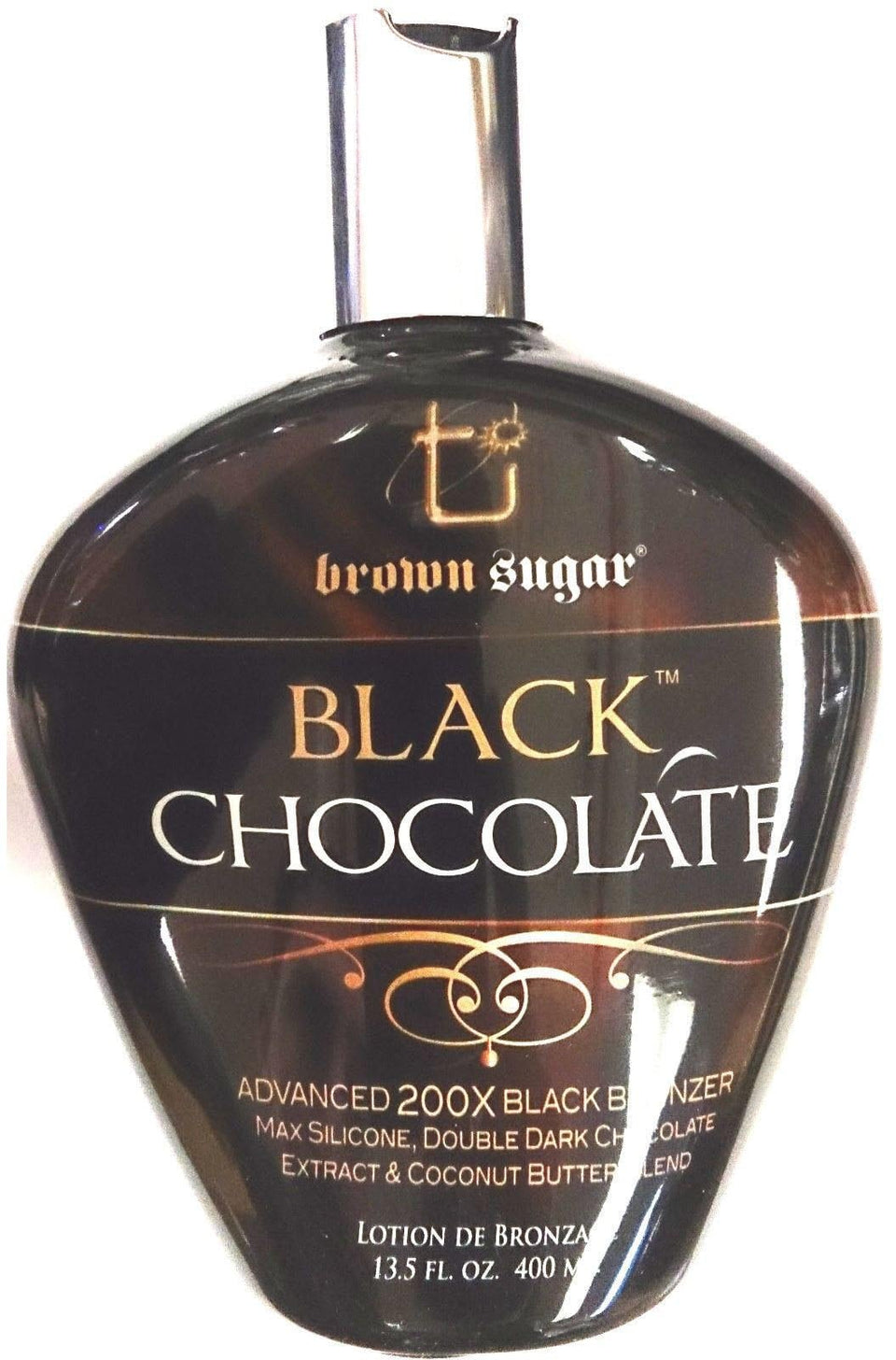Brown Sugar Black Chocolate 200X bronzer bottle delivers deep color and silky skin.