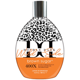 Brown Sugar Double Dark Wild Side lotion bottle demonstrates ultra-dark tanning potential.