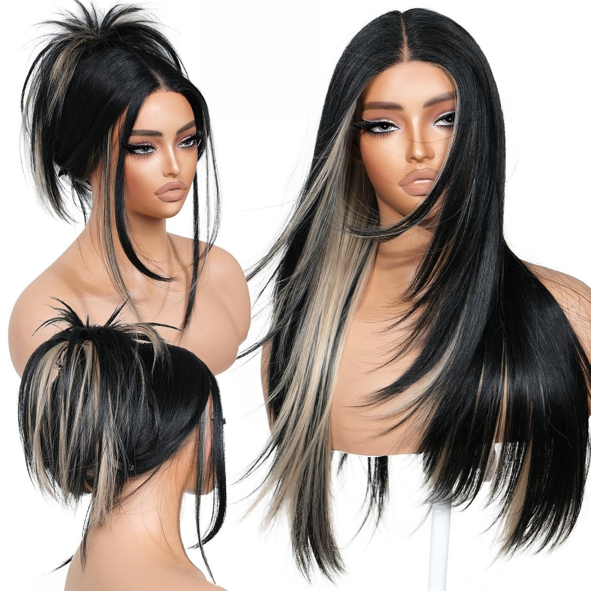 BrownBomb Black Blond Skunk Stripe Wig front view highlights natural layers for seamless daily wear