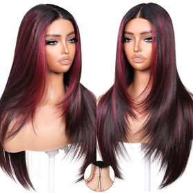 BrownBomb burgundy-pink highlights layered wig, 26-inch, ready to wear for a bold yet natural look