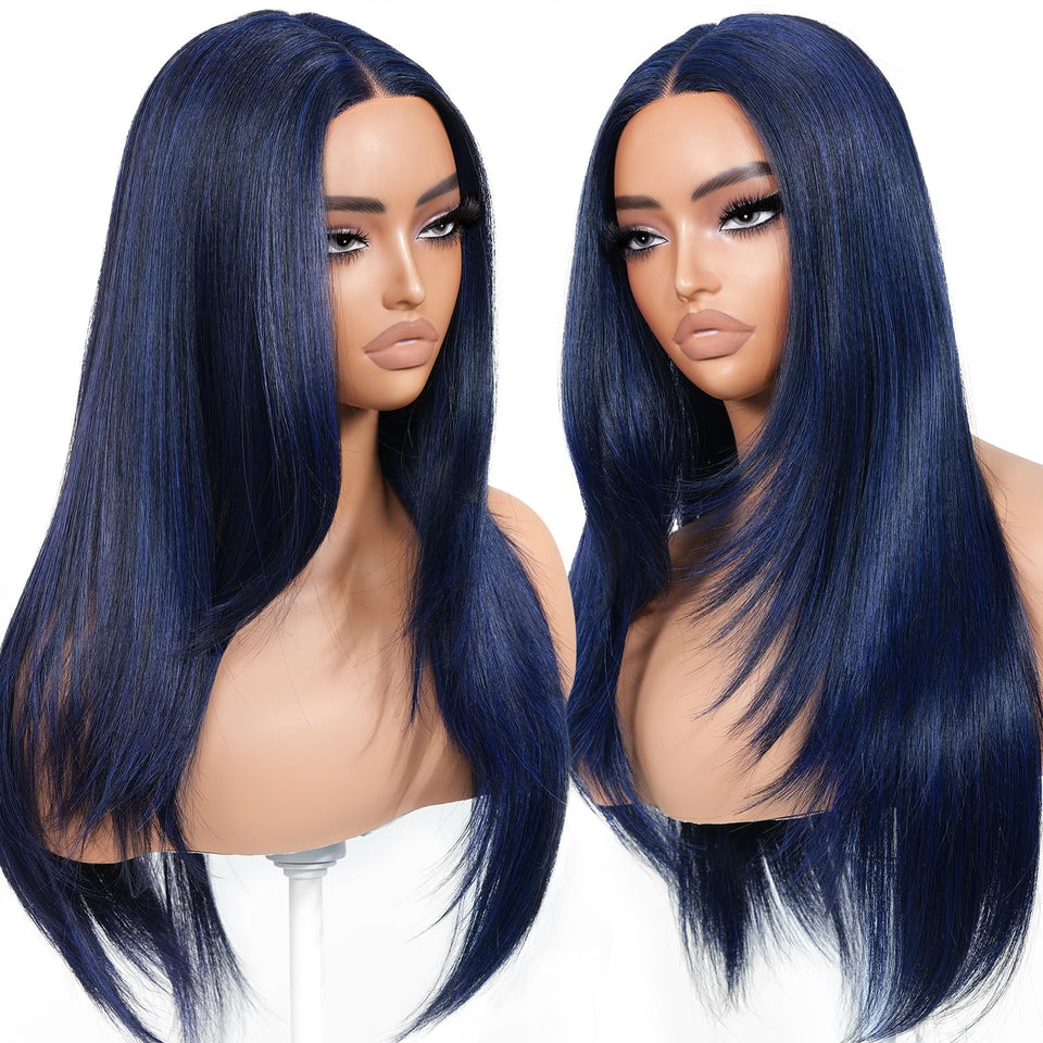 BrownBomb dark blue wear-and-go glueless wig, 26-inch length, ideal for quick daily styling.