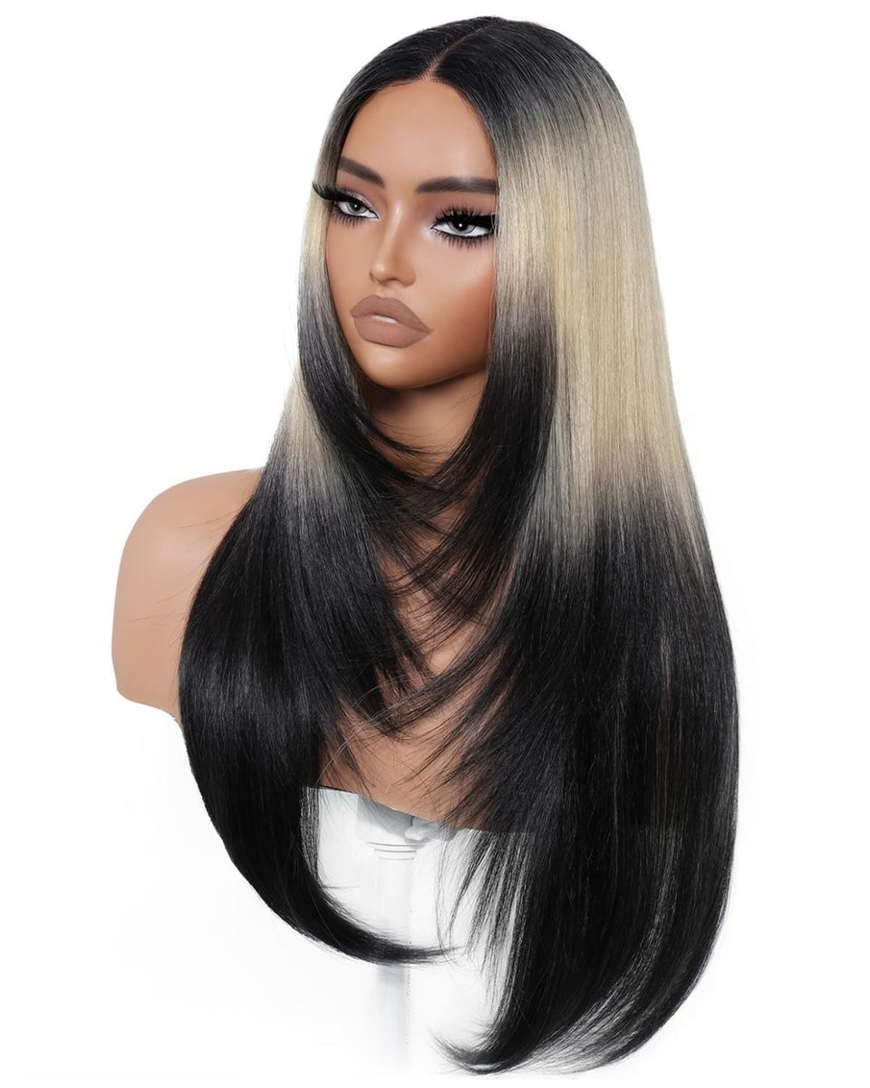 BrownBomb ombre wig from blonde to black in 26 inches, gradient for natural depth.