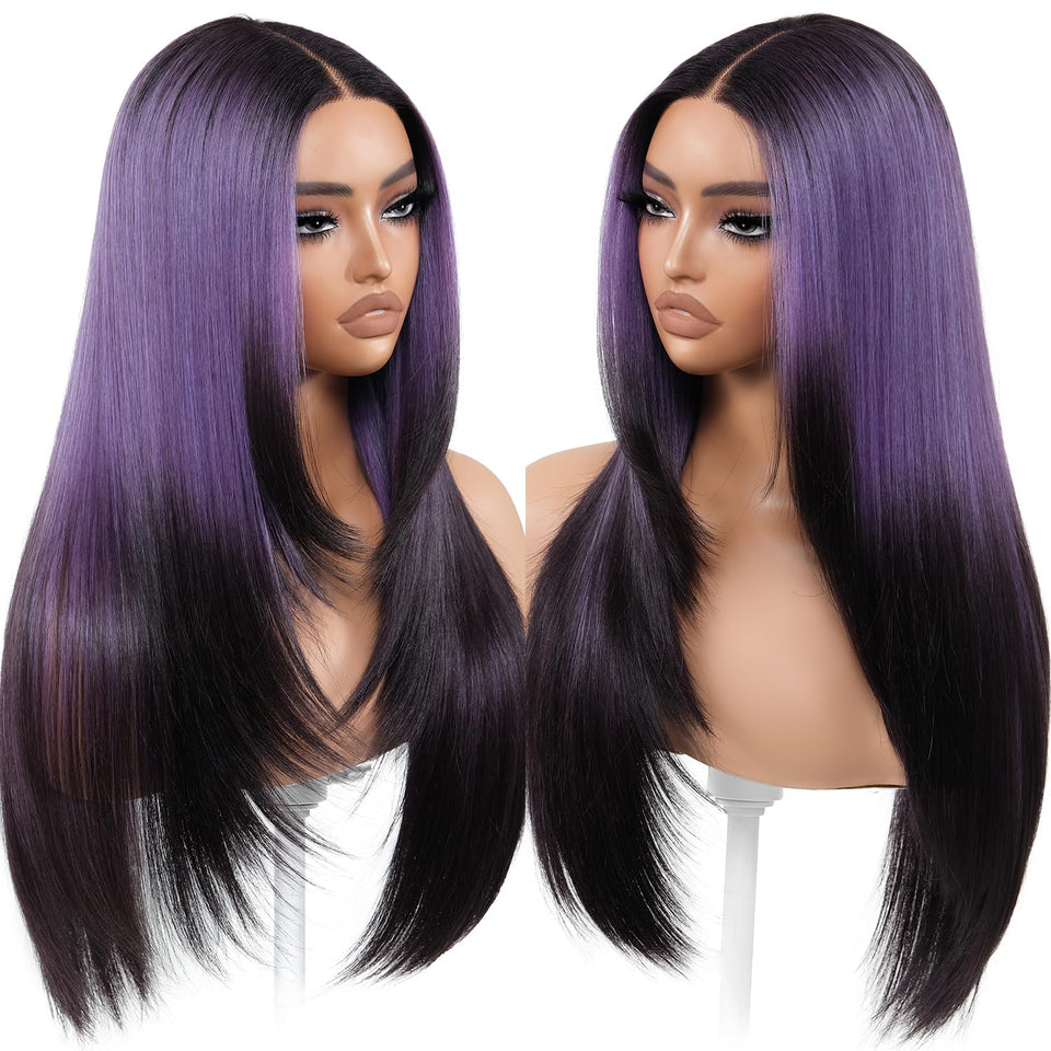 BrownBomb Ombre Purple Black wig front view for natural color depth and style.