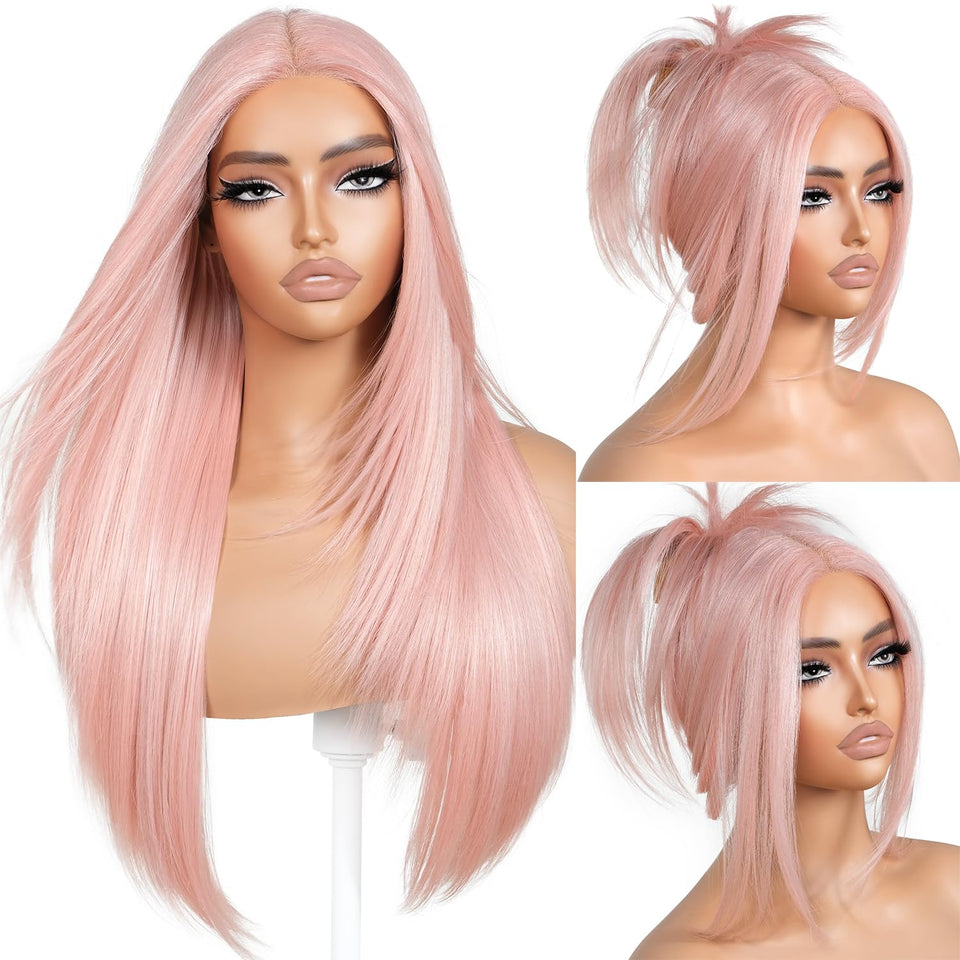BrownBomb Pink Wear and Go wig, 26-inch, glueless ease for quick styling.