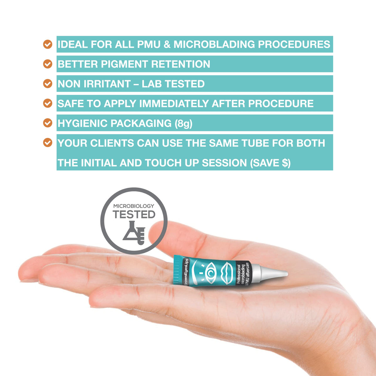 Brows Eyes Lips hygienic-tube-packaging keeps aftercare clean and professional.