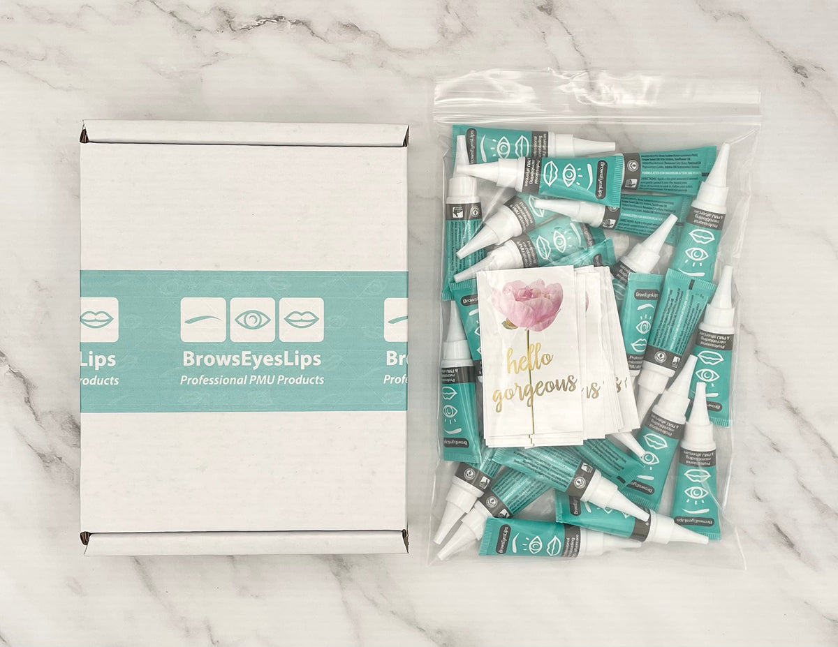 Brows Eyes Lips same-tube for both initial and touch-up sessions, streamlining aftercare.