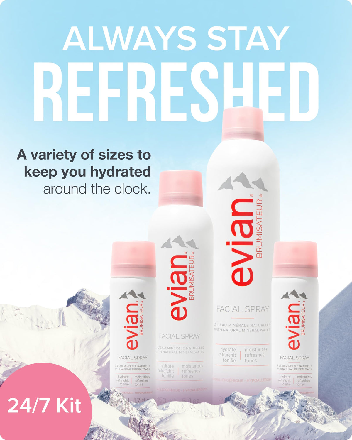 BRUMISATEUR Evian Facial Spray bottle close-up shows mineral-rich mist for refresh