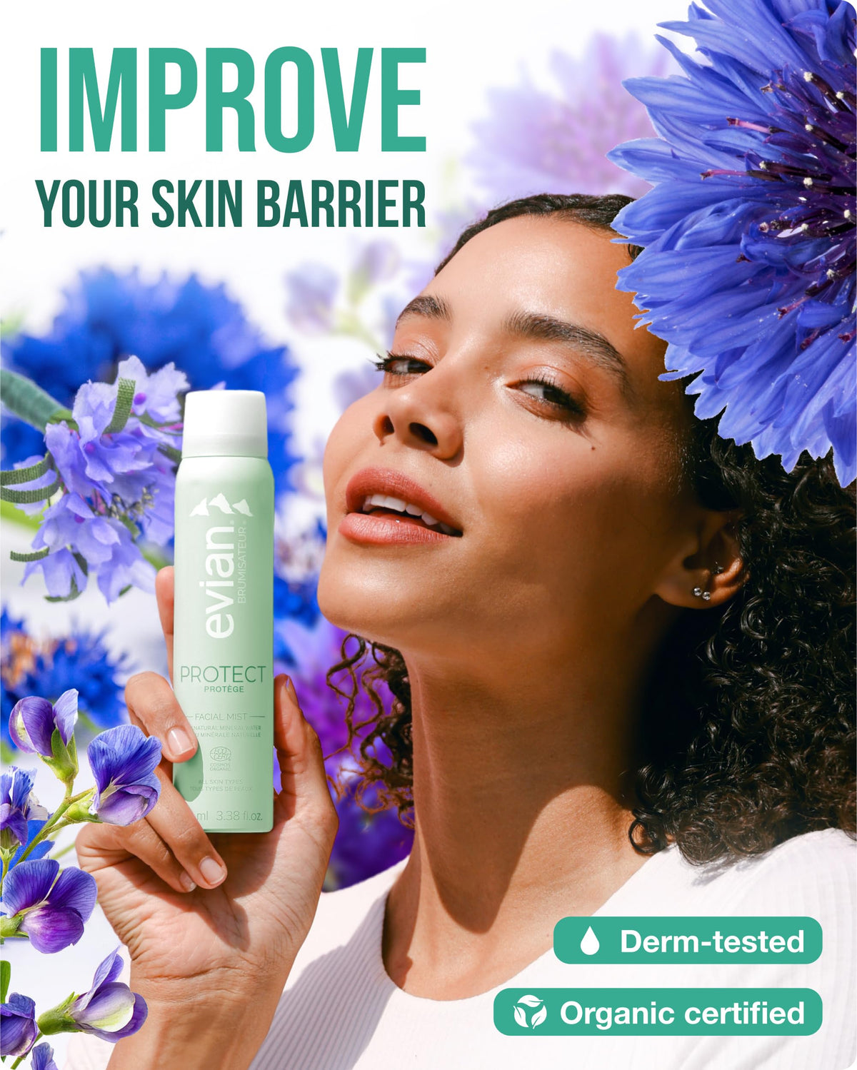 BRUMISATEUR Evian Protect Facial Mist with aloe vera close-up soothing hydration.