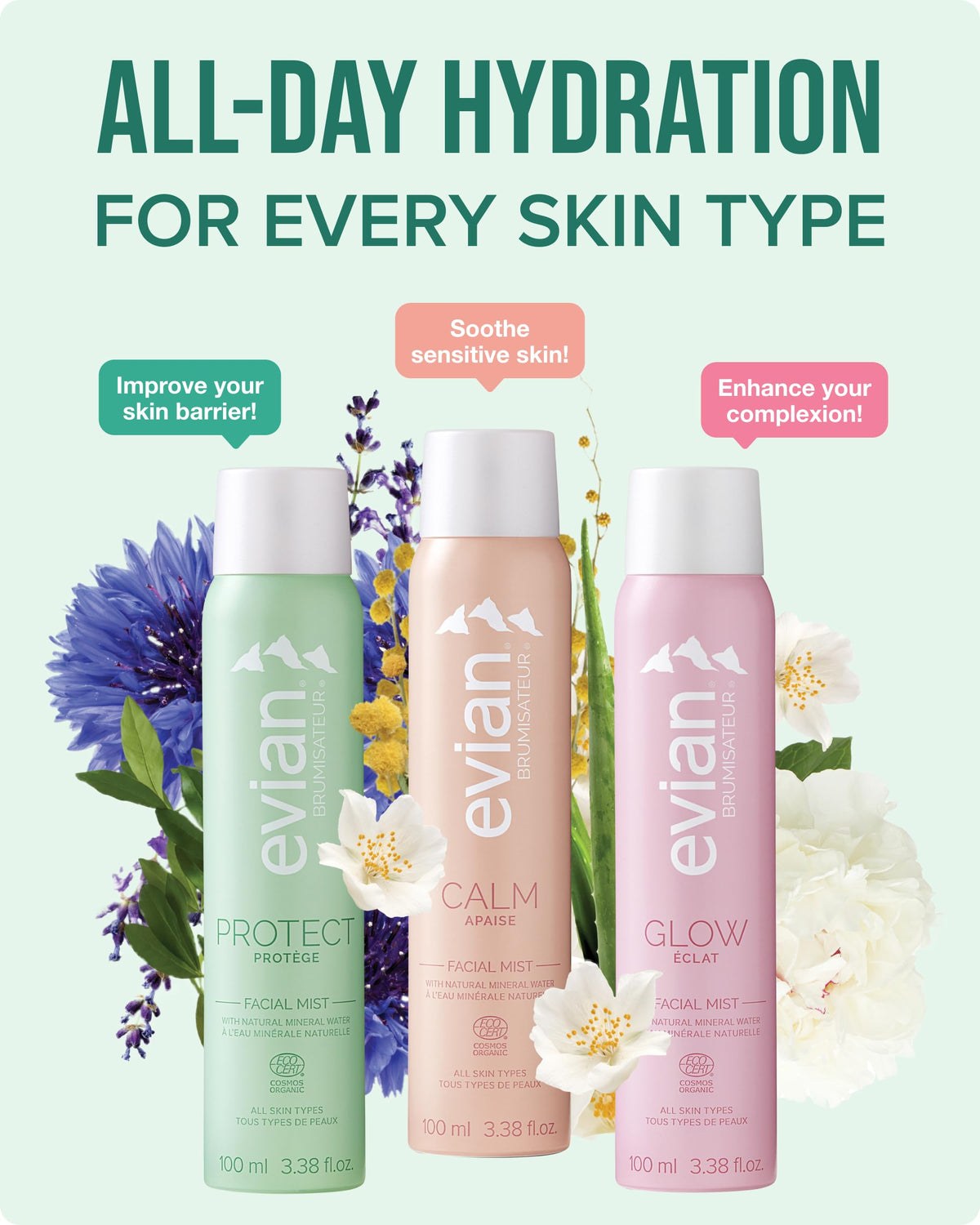BRUMISATEUR Evian Protect Facial Mist travel-size pack in hand.