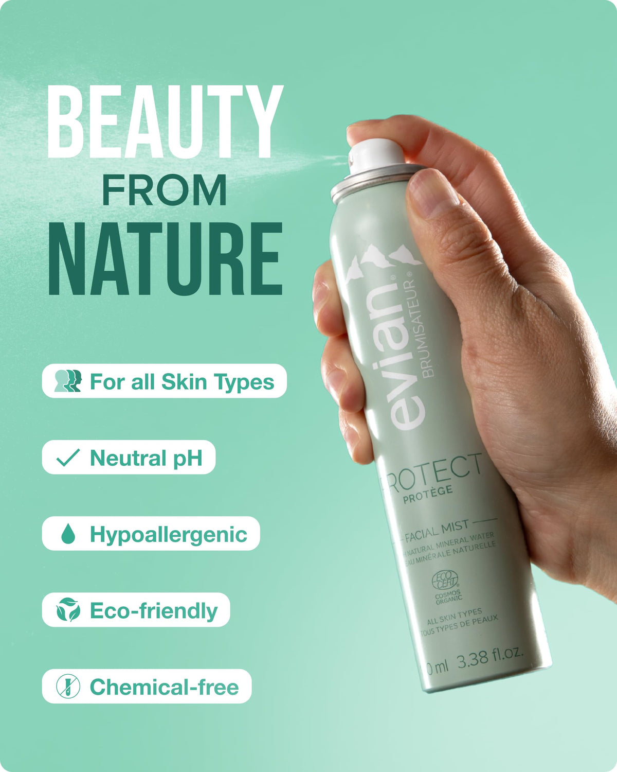 BRUMISATEUR Evian Protect Facial Mist with wild indigo extract for natural protection.