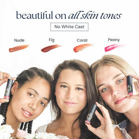 Brush On Block Lip Oil SPF 30 peony shade on lips for a radiant finish.