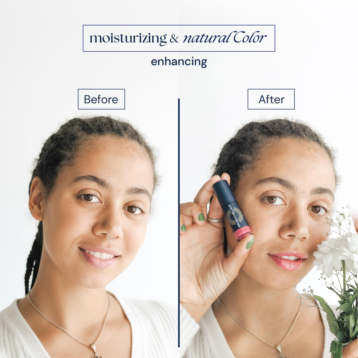 Brush On Block Lip Oil SPF 30 swatch reveals peony tint and hydration.