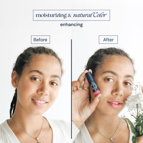 Brush On Block Lip Oil SPF 30 swatch reveals peony tint and hydration.