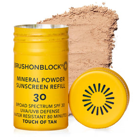 Brush On Block Touch of Tan refill package showing easy cartridge replacement for daily sun protection