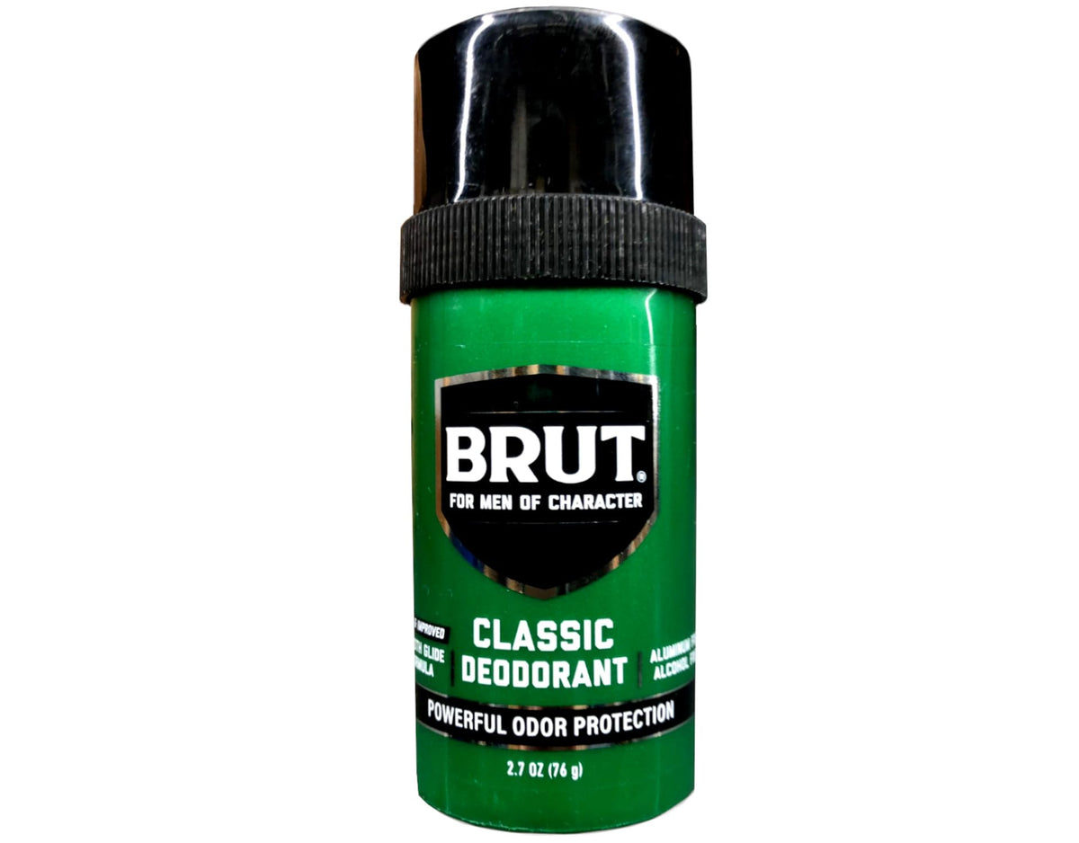 BRUT Classic Round Stick Deodorant, front view, provides all-day odor protection.