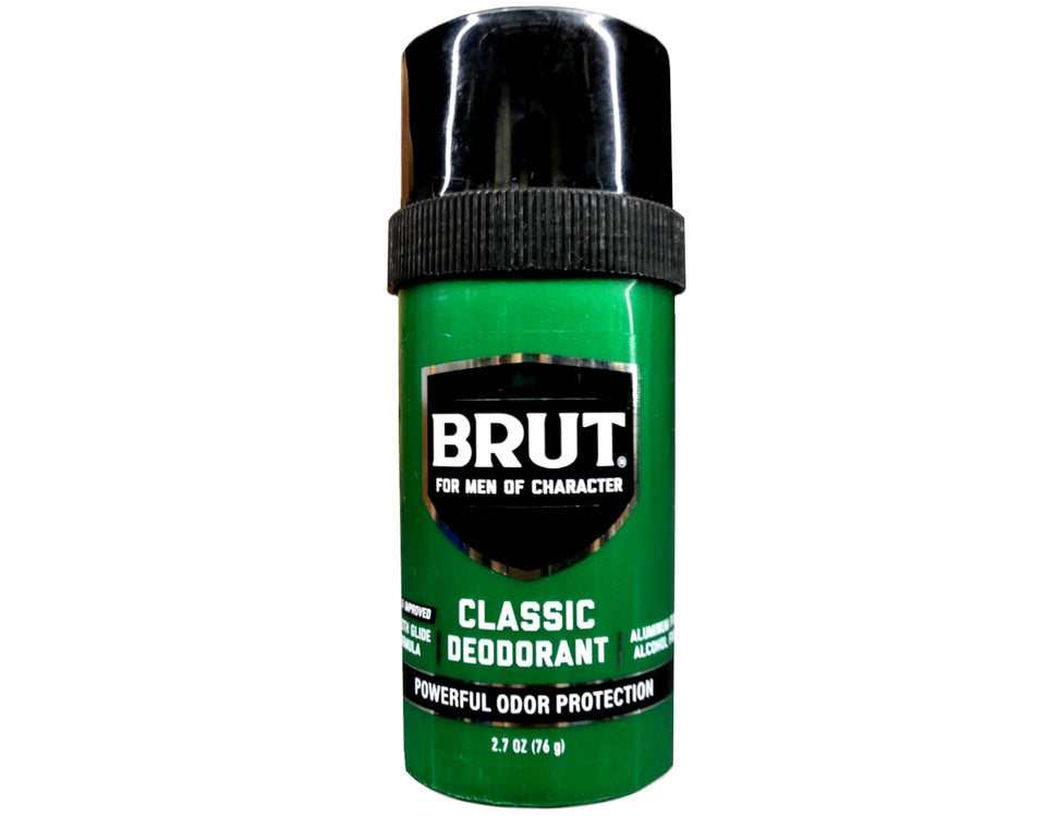 BRUT Classic Round Stick Deodorant, front view, provides all-day odor protection.