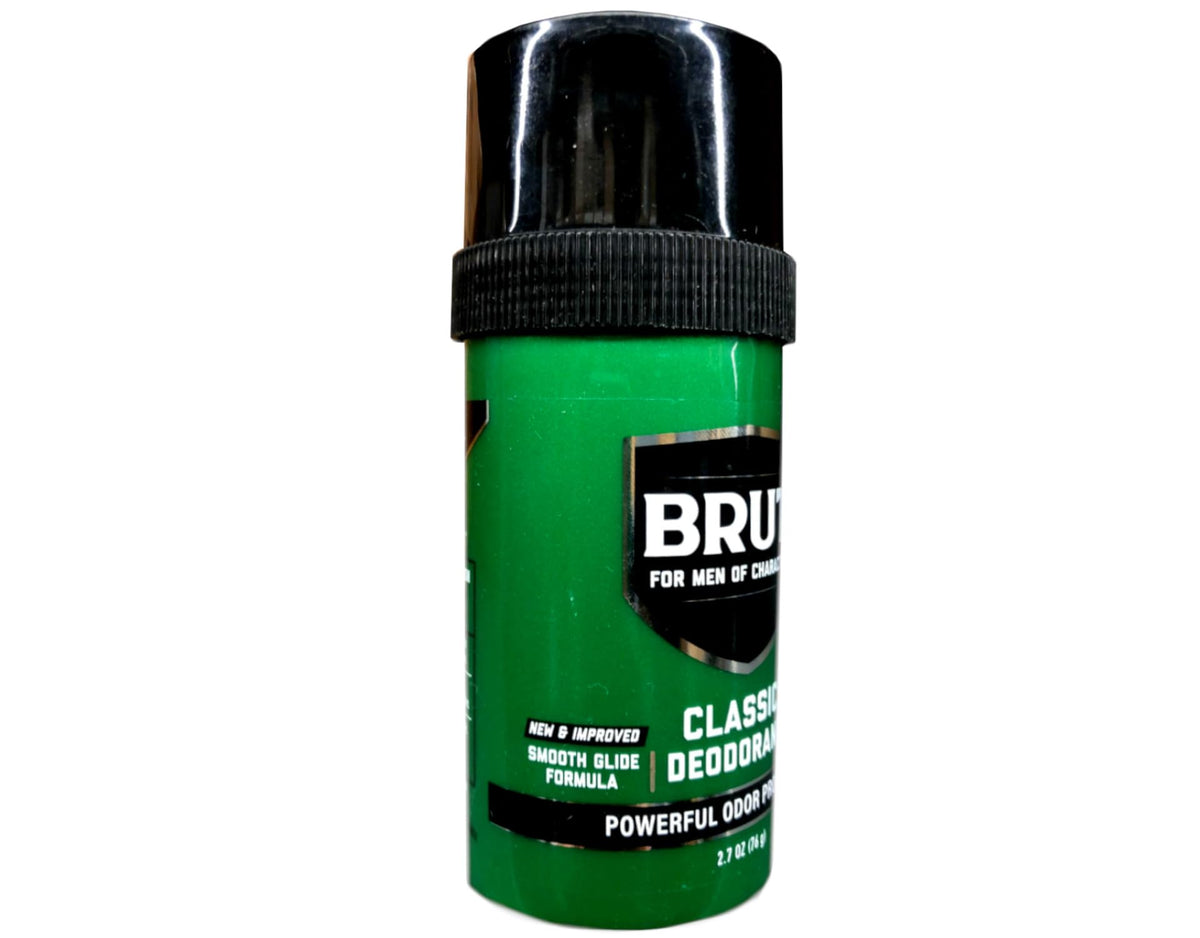 BRUT Classic Round Stick Deodorant, side view, emphasizes long-lasting fragrance.