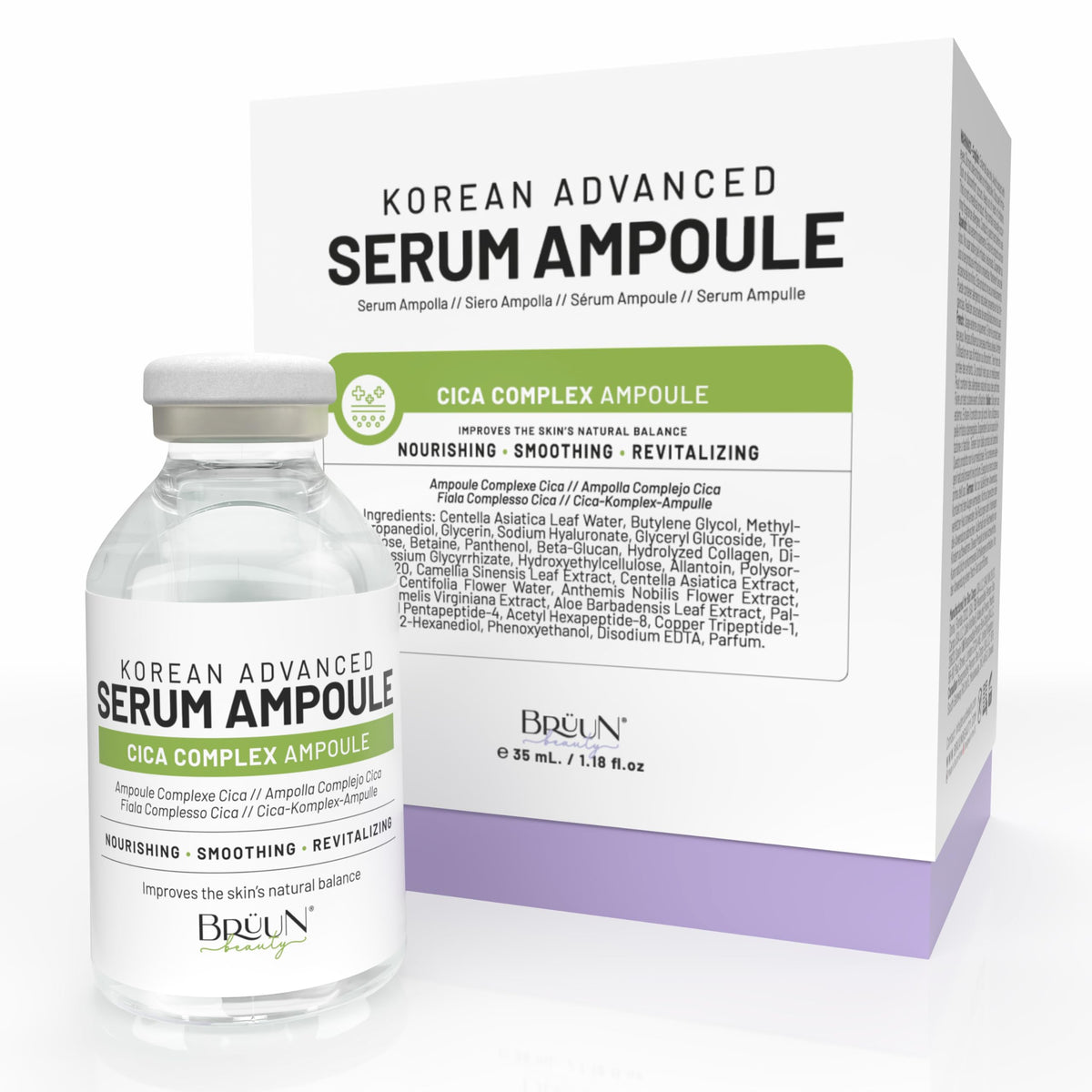 BRÜUN CICA Revival serum ampoule bottle shows premium packaging for daily use.