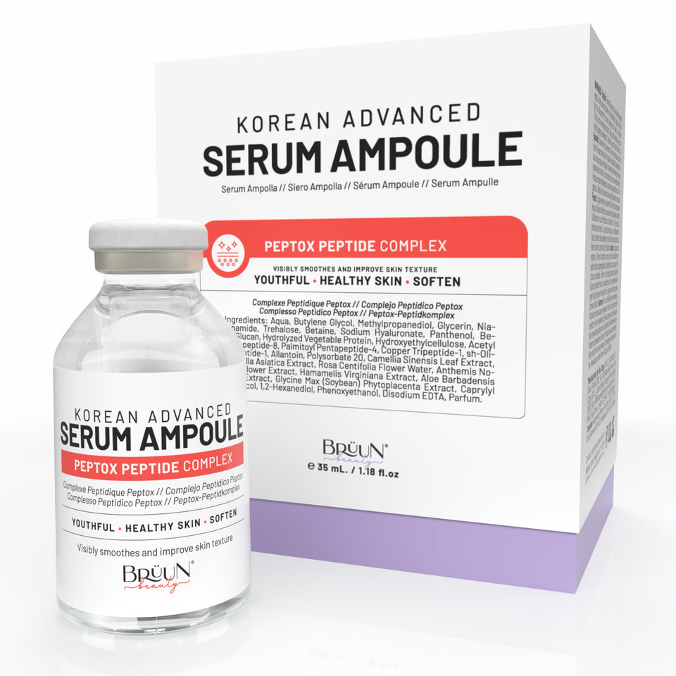 BRÜUN Peptox serum bottle displaying hydrating peptide formula for facial care.