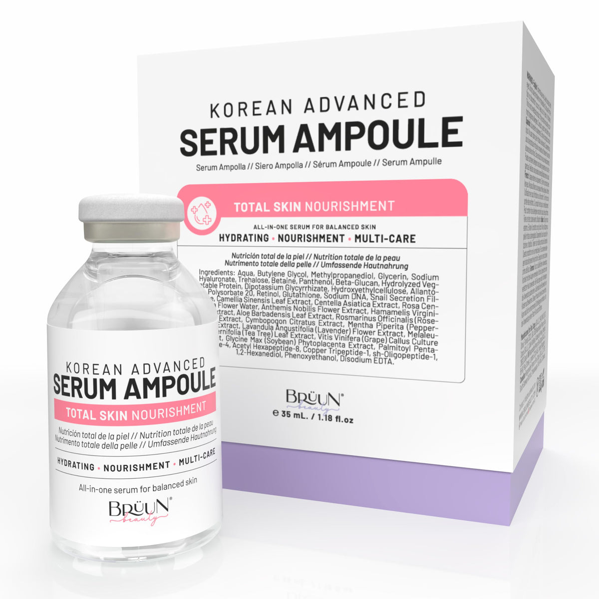 BRÜUN Total Care Complex Ampoule bottle close-up highlighting premium packaging for at-home skincare.