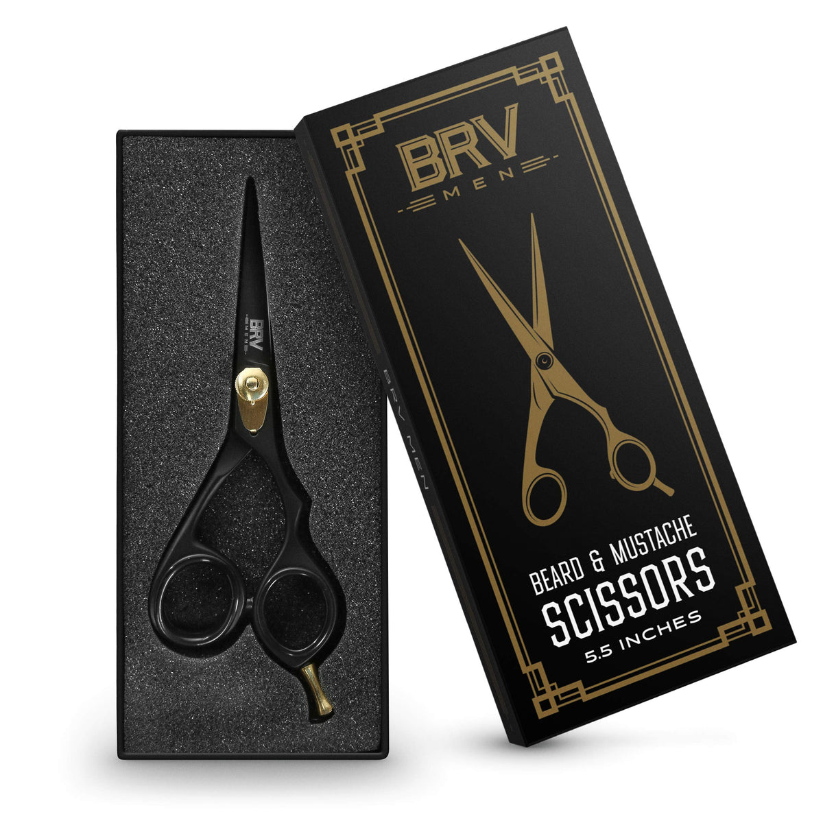 BRV MEN beard scissors with right-handed ergonomic grip for controlled grooming.