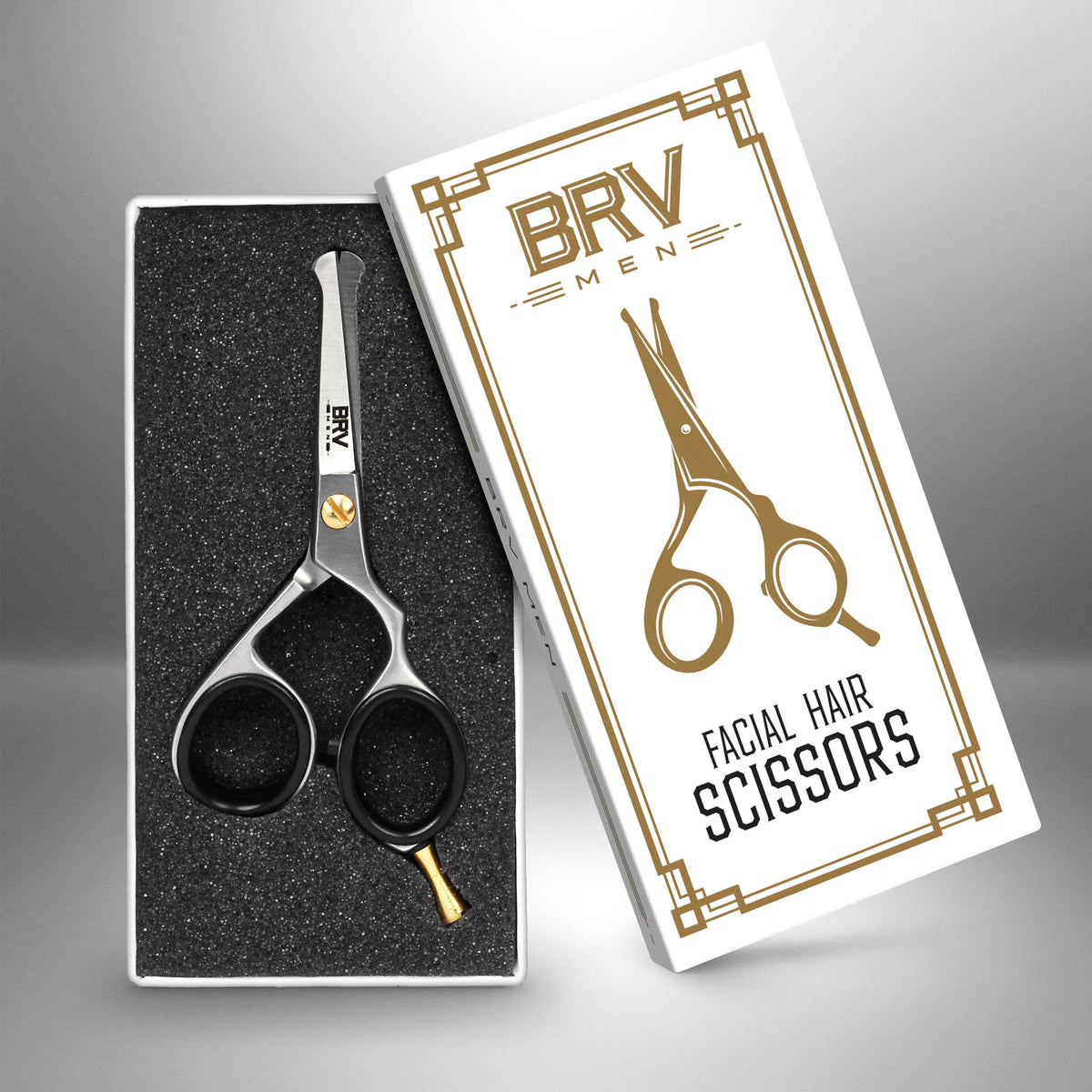 BRV MEN nose and ear trimming closeup showing safe rounded tips for nick-free grooming.