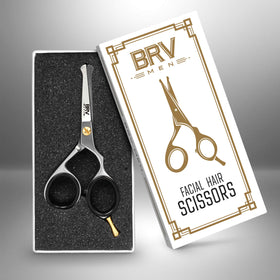 BRV MEN nose and ear trimming closeup showing safe rounded tips for nick-free grooming.