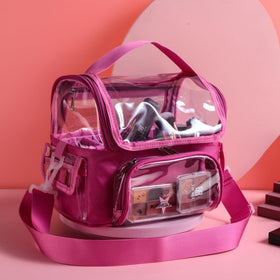BS-MALL makeup bag showing the shoulder strap for hands-free travel.