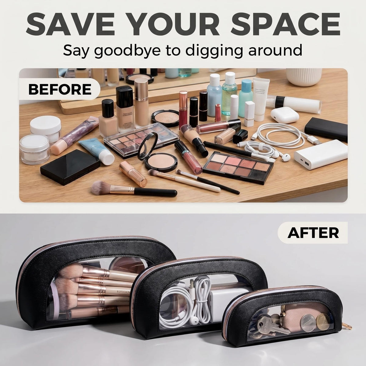 BS-MALL PU leather waterproof wash bag protects cosmetics and toiletries from leaks