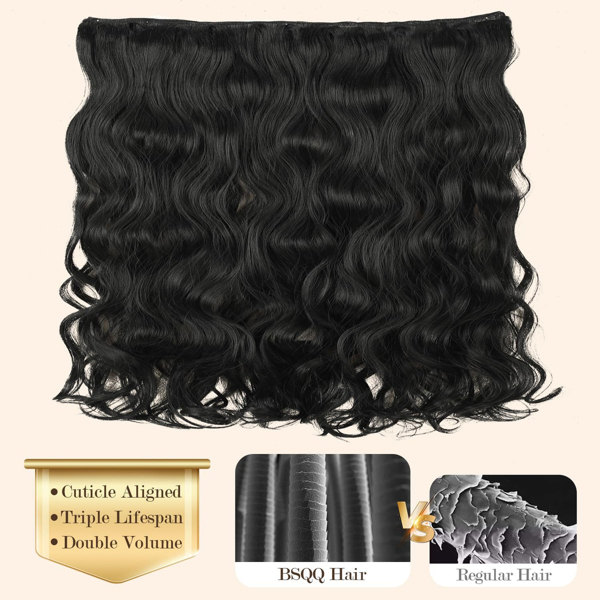 BSQQ raw Indian hair density close-up showing even cuticle alignment for longevity