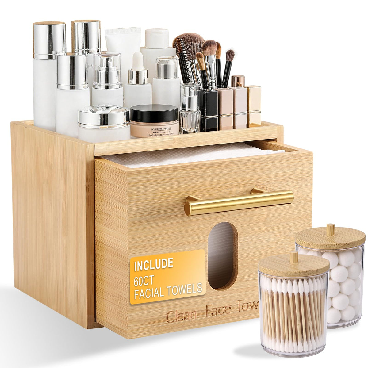 BSSN bamboo face towel holder overview showing organized skincare station