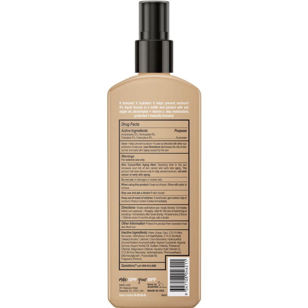 B.TAN argan oil and vitamin C formula promotes healthier bronze.