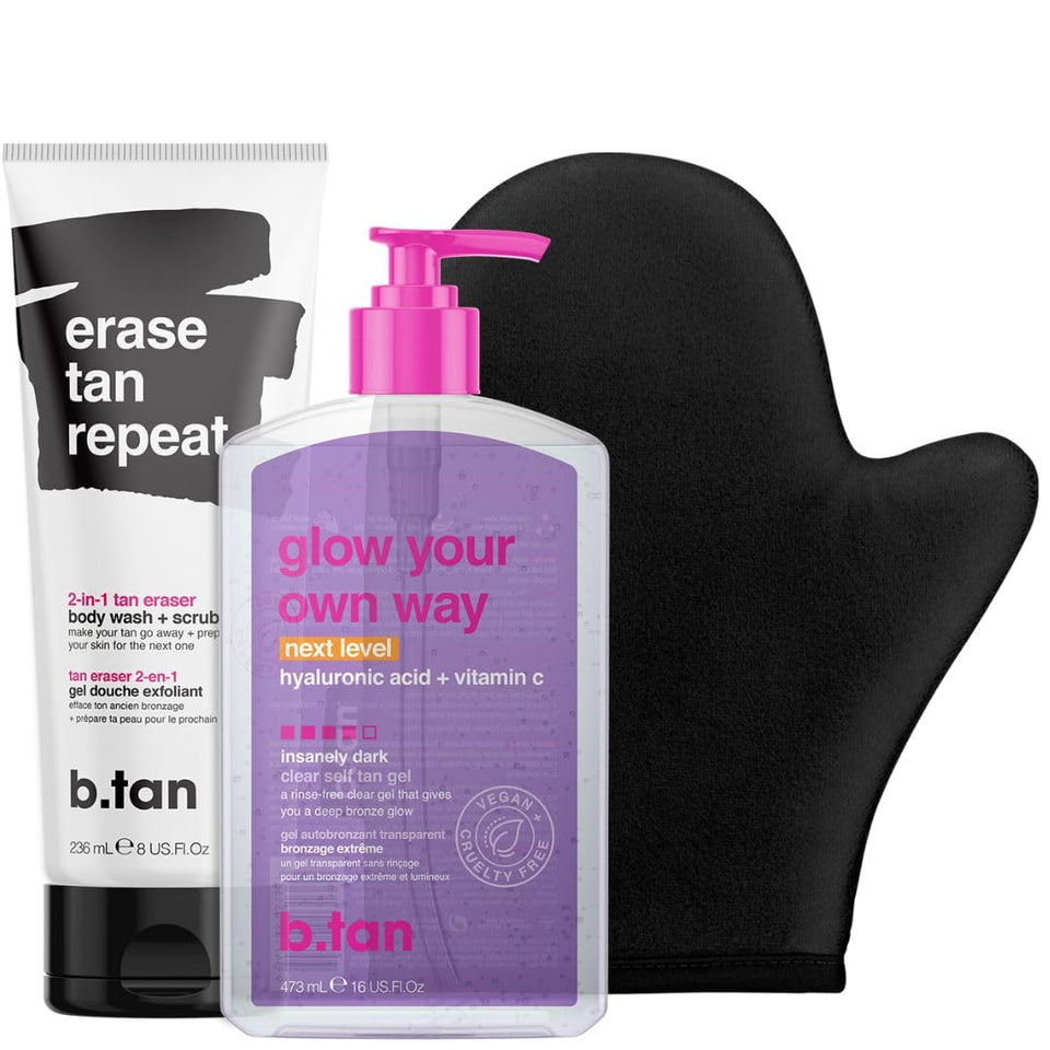 B.TAN clear self tan gel application demonstrates transfer-free glow.